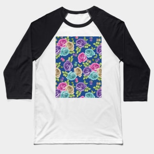 Botanical Roses Seamless Pattern On Blue Background Baseball T-Shirt